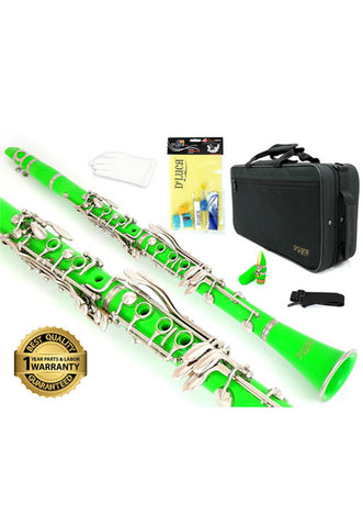 D'Luca 200 Series Green ABS 17 Keys Bb Clarinet with Double Barrel, Canvas Case, Cleaning Kit and 1 Year Manufacturer Warranty