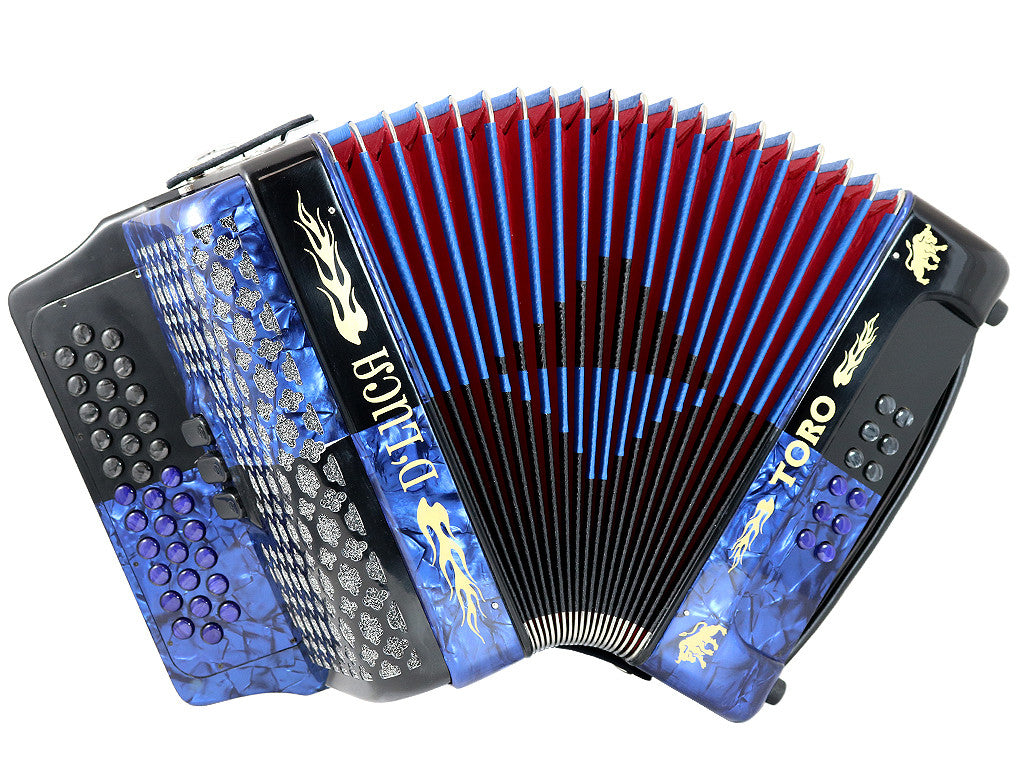 D'Luca Toro Button Accordion 34 Keys 12 Bass, GCF, Case and Straps, Blue/Black