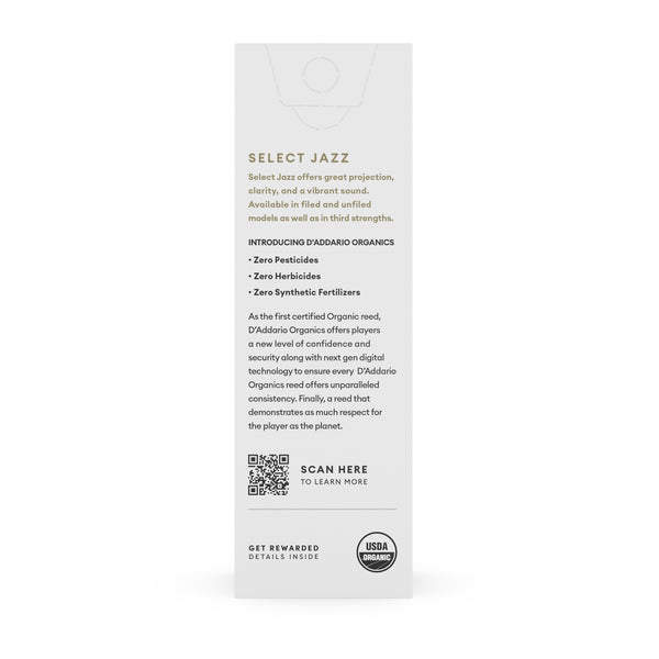 D'Addario Organic Select Jazz Alto Saxophone Reeds - Filed, Hard Strength 2, 10-Pack, Made In USA
