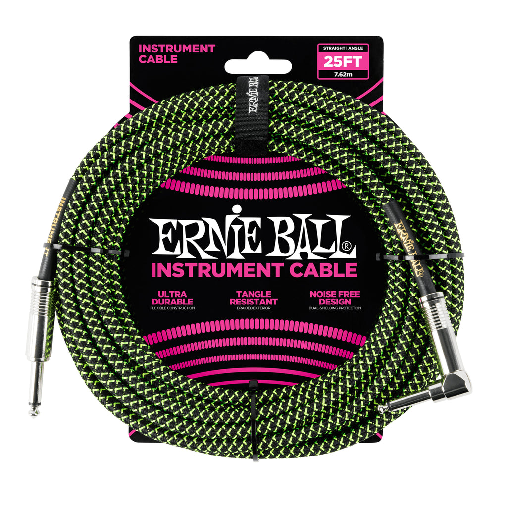 Ernie Ball 25' Braided Straight / Angle Instrument Cable - Black / Green