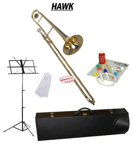 Hawk Gold Lacquer Slide Bb Trombone School Package with Case, Music Stand and Cleaning Kit