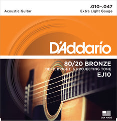 D'Addario EJ10 Bronze Acoustic Guitar Strings, Extra Light, 10-47