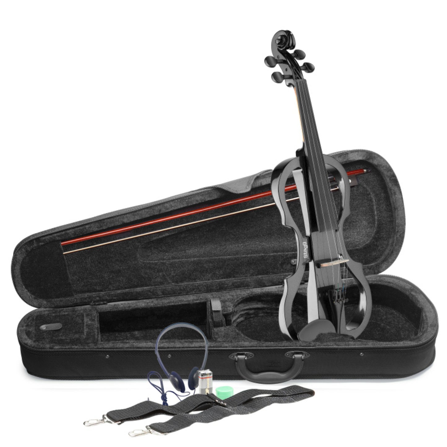 Stagg 4/4 Electric Violin Set With Metallic Black, Soft Case And Headphones