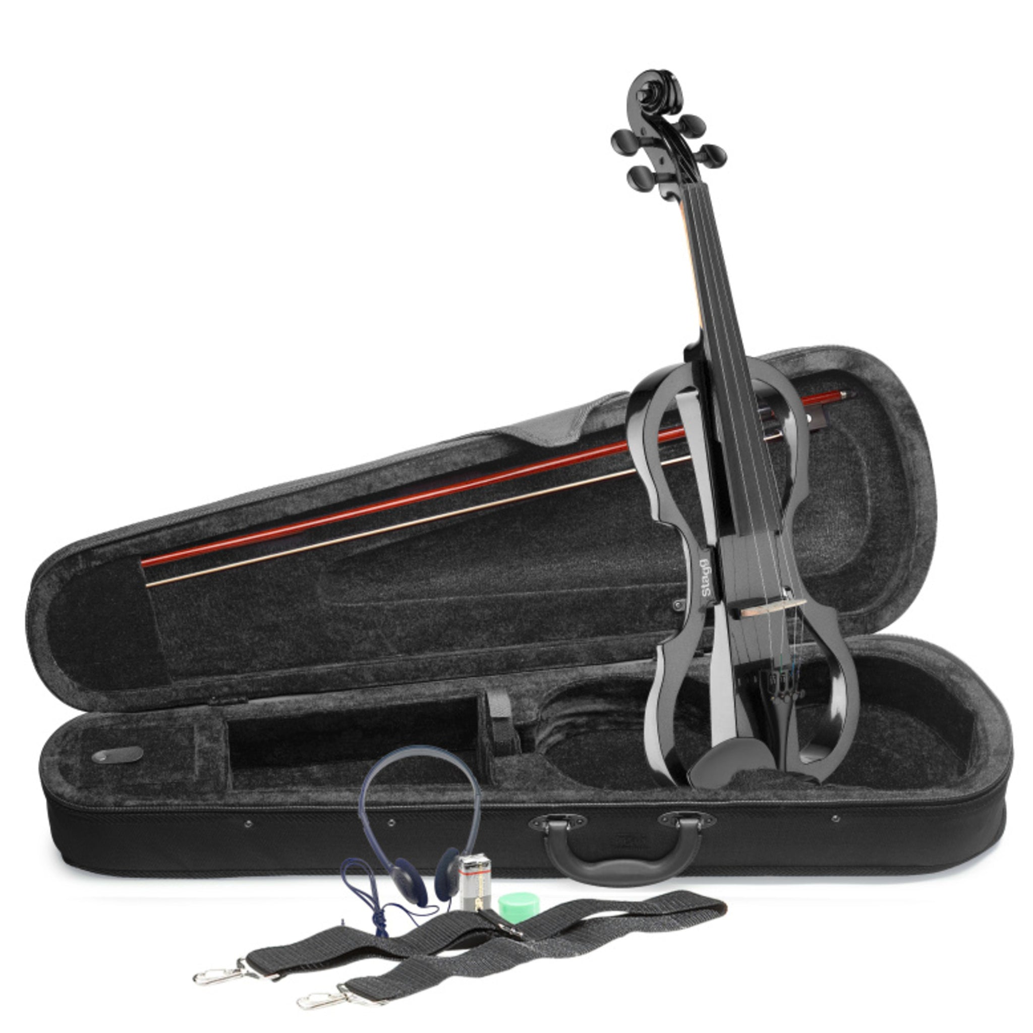 Stagg 4/4 Electric Violin Set With Metallic Black, Soft Case And Headphones