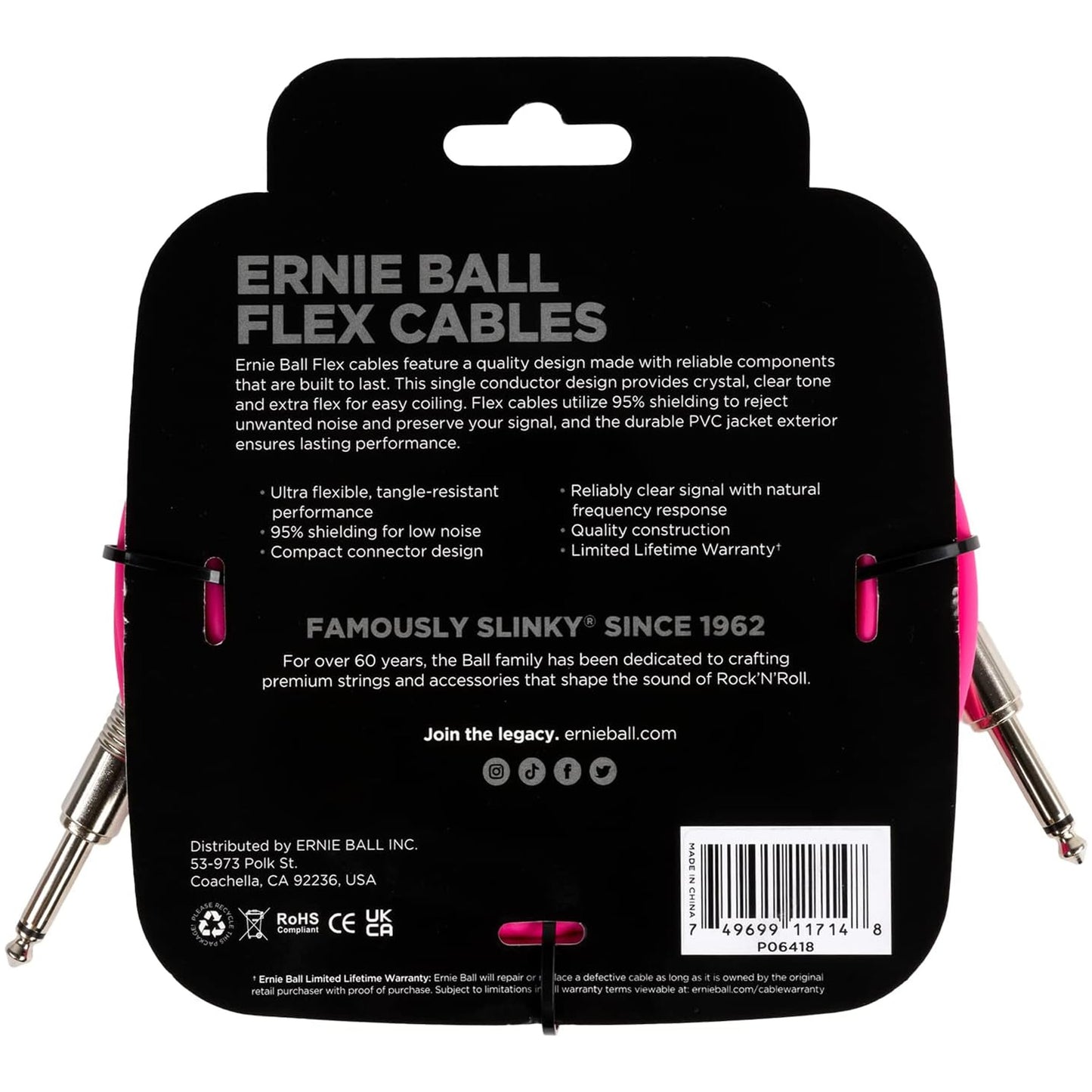 Ernie Ball Flex Instrument Cable Straight/Straight 20ft - Pink