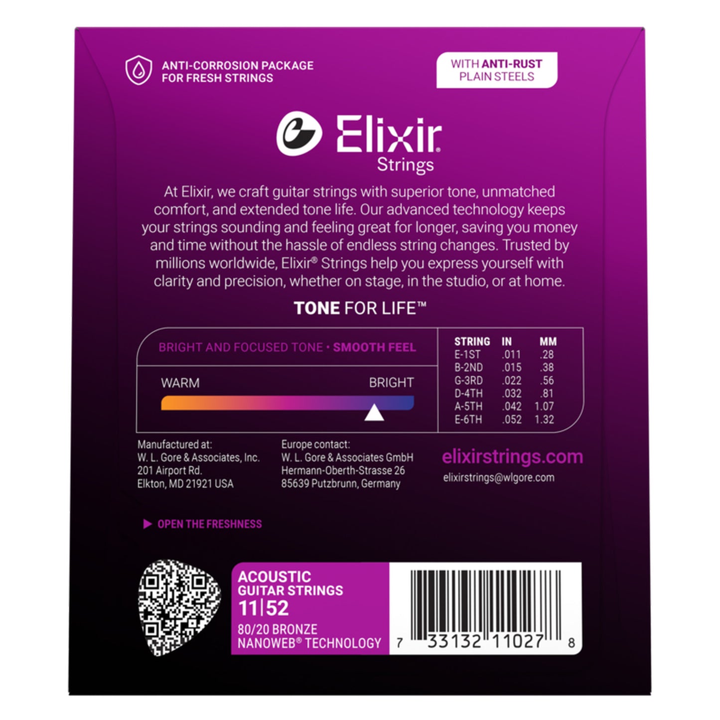 Elixir 80/20 Bronze Acoustic Guitar Strings, NANOWEB, Custom Light (.011-.052)