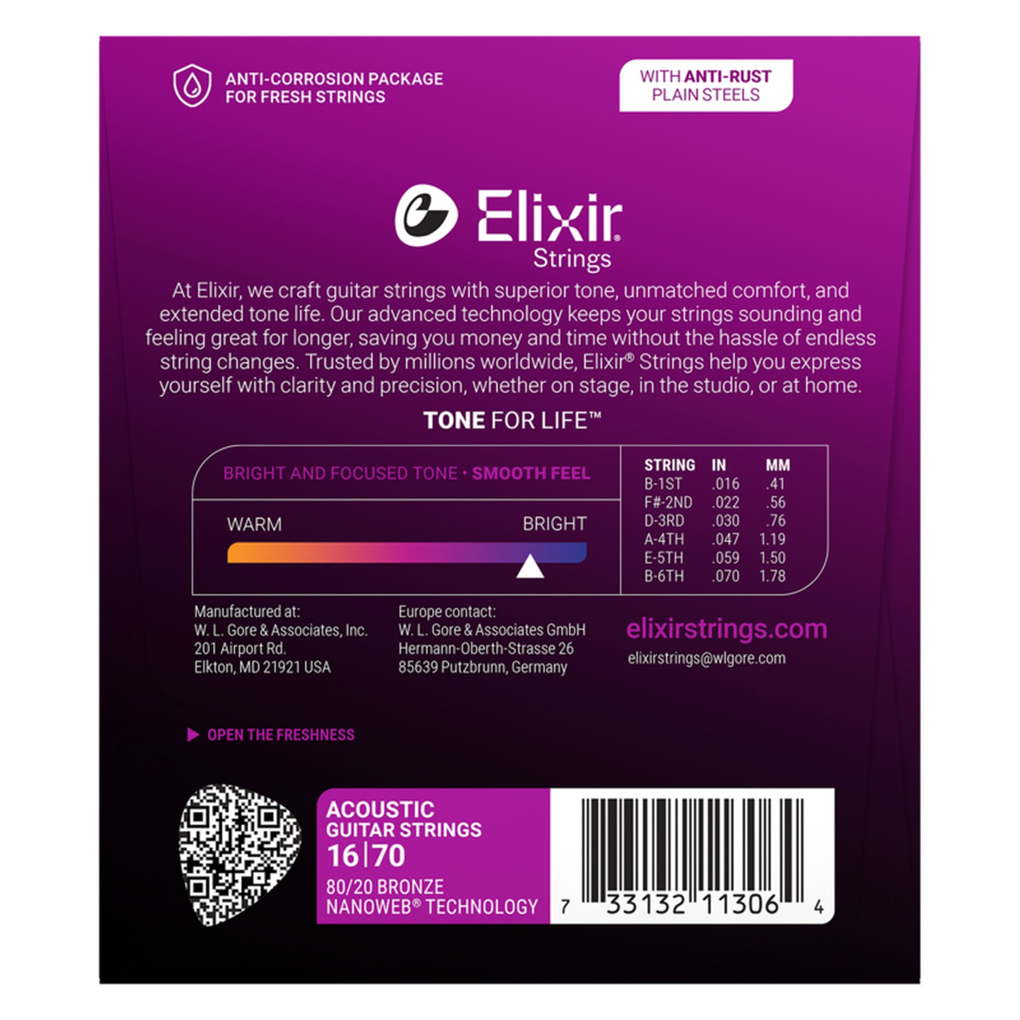 Elixir 80/20 Bronze Acoustic Guitar Strings, NANOWEB, Baritone (.016-.070)