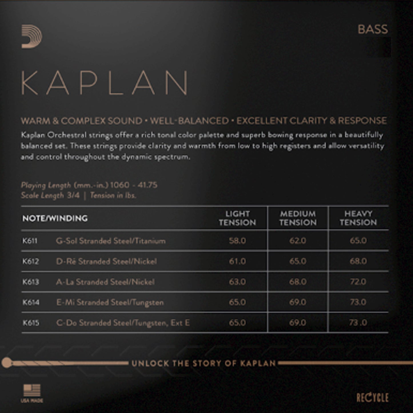 D'Addario Kaplan Bass Single C (Extended E) String, 3/4 Scale Light Bulk 10-Pack