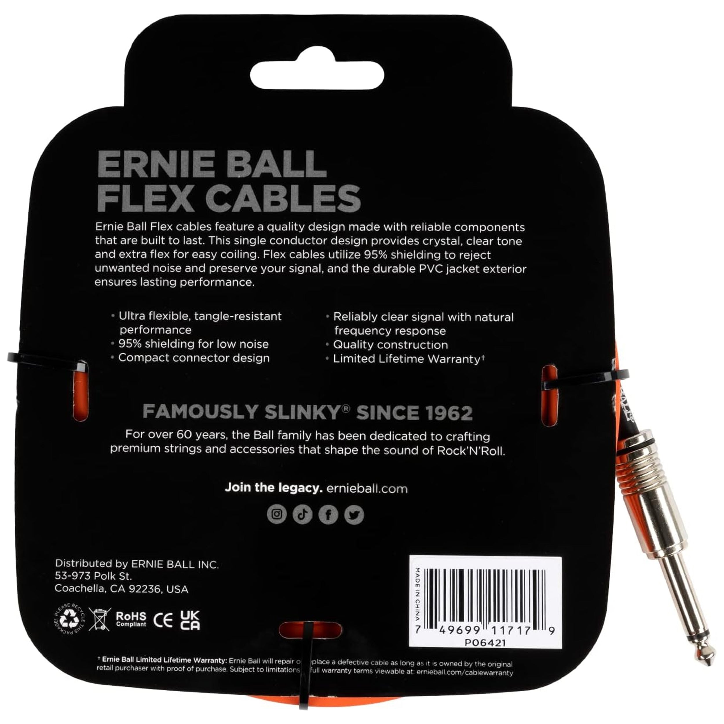 Ernie Ball Flex Instrument Cable Straight/Straight 20ft - Orange