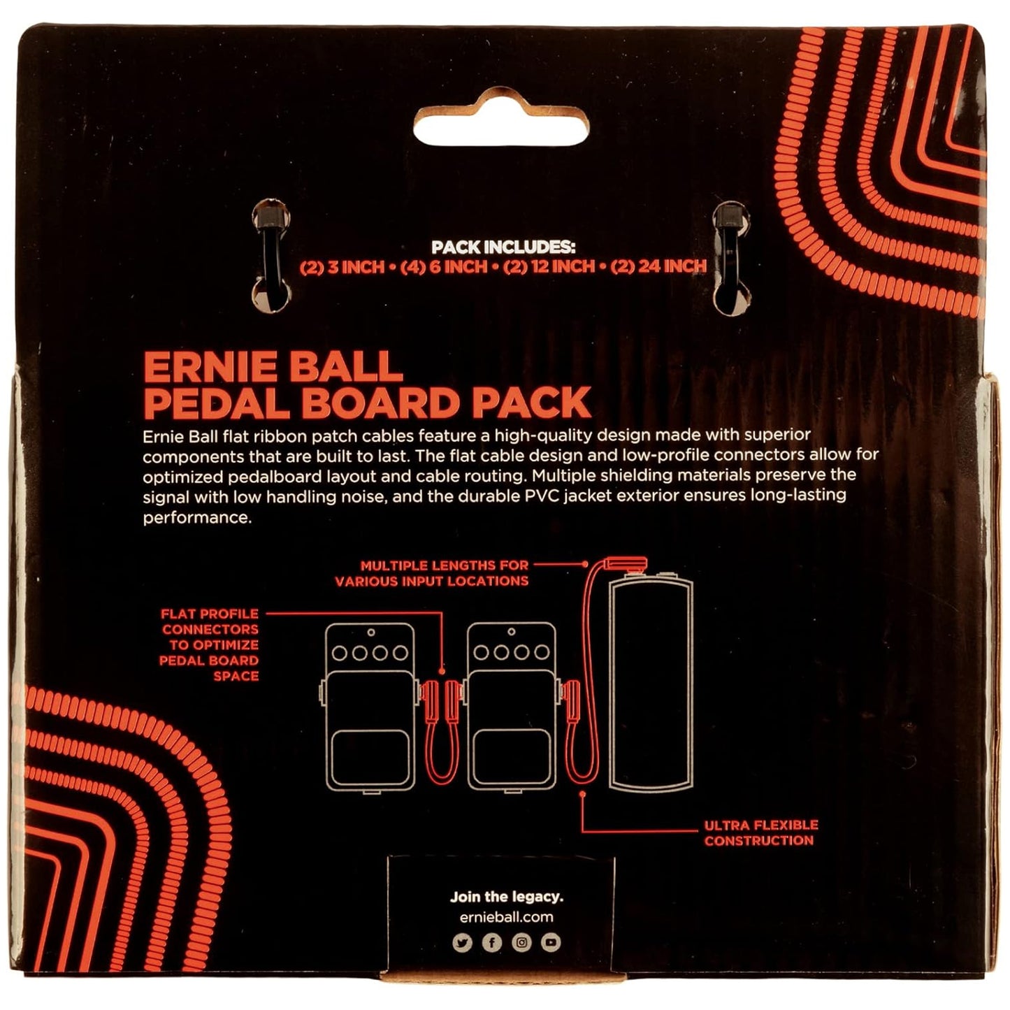 Ernie Ball Flat Ribbon Patch Cables Pedalboard Multi-Pack - Red