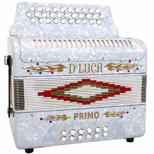 D'Luca Primo Button Accordion 31 Keys 12 Bass on GCF Key with Case and Straps, White