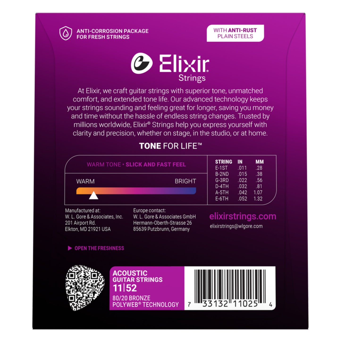 Elixir 80/20 Bronze Acoustic Guitar Strings, POLYWEB, Custom Light (.011-.052)