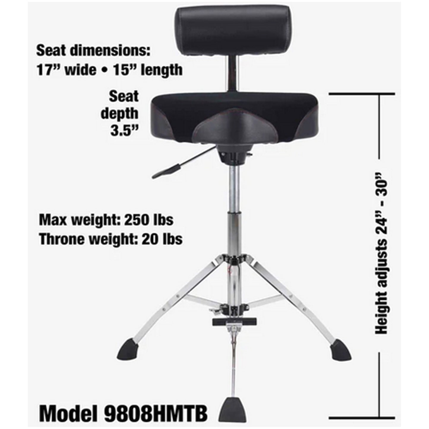 Gibraltar 17" Tall Hydraulic Saddle Drum Throne with Backrest and Footrest