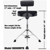 Gibraltar 17" Tall Hydraulic Saddle Drum Throne with Backrest and Footrest