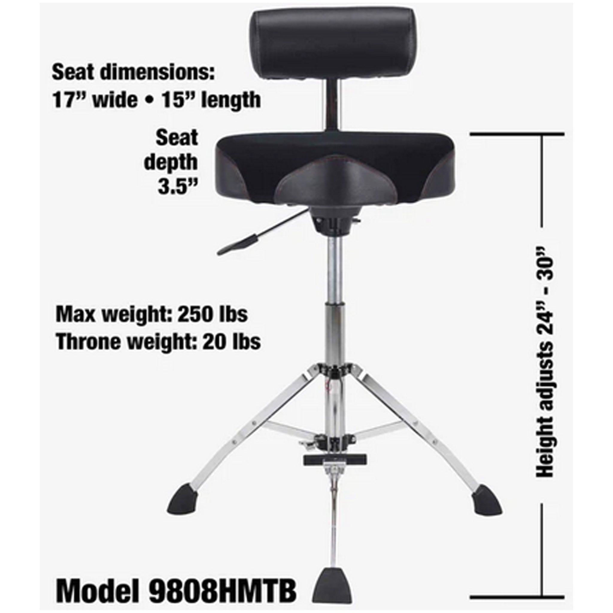 Gibraltar 17" Tall Hydraulic Saddle Drum Throne with Backrest and Footrest