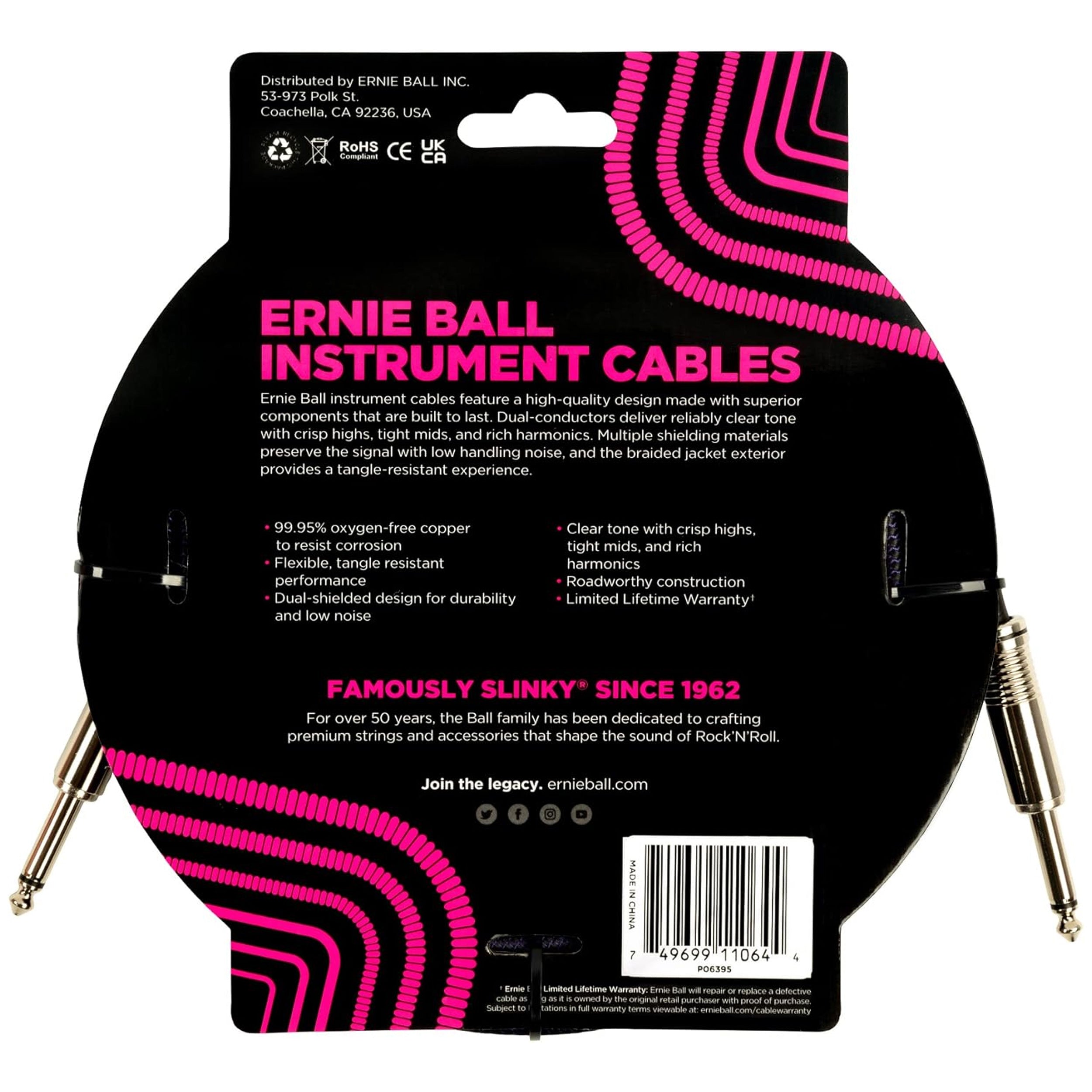 Ernie Ball Braided Instrument Cable Straight/Straight 18ft - Purple/Black