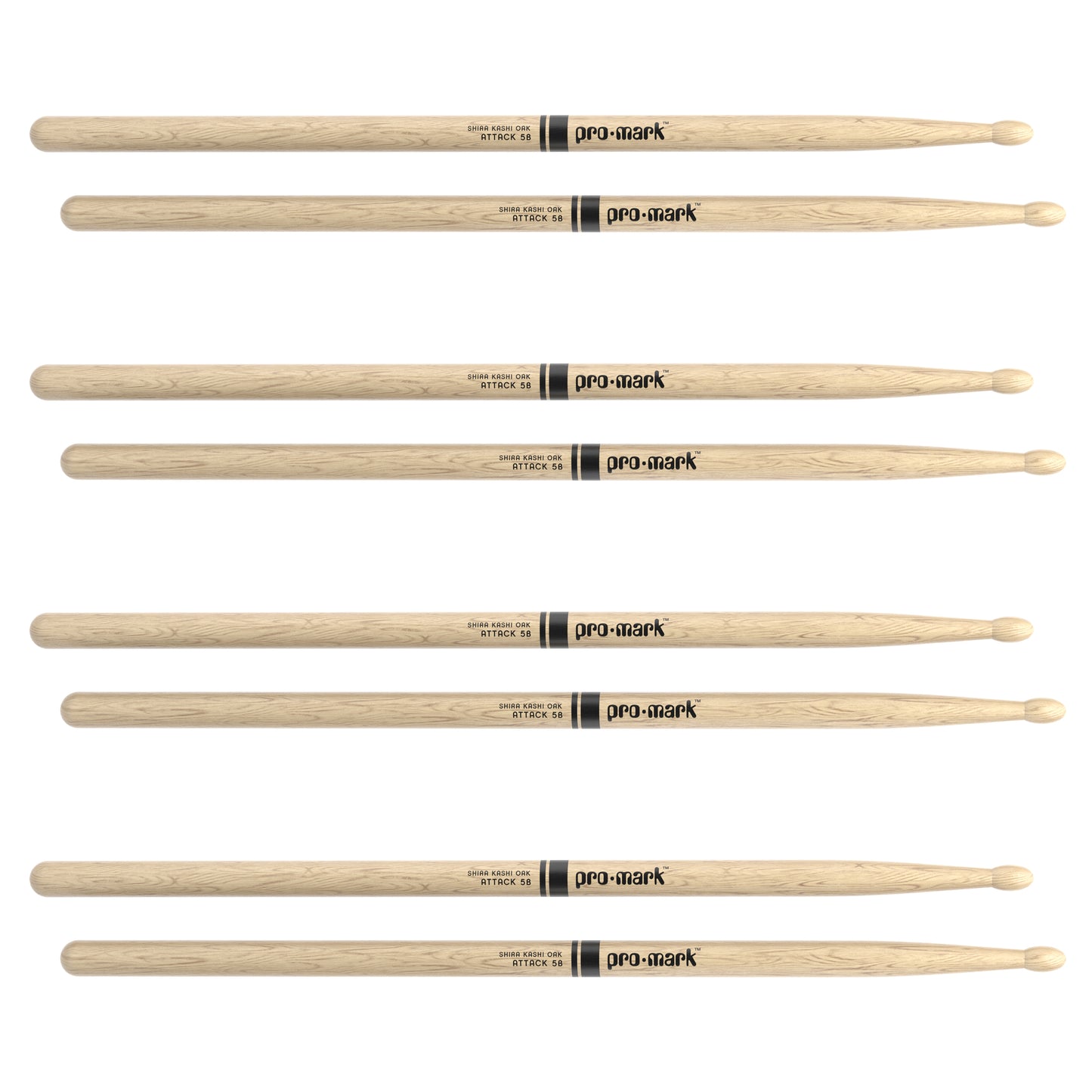 ProMark Classic Attack 5B Shira Kashi Oak Drumsticks, Oval Wood Tip, 4-Pack