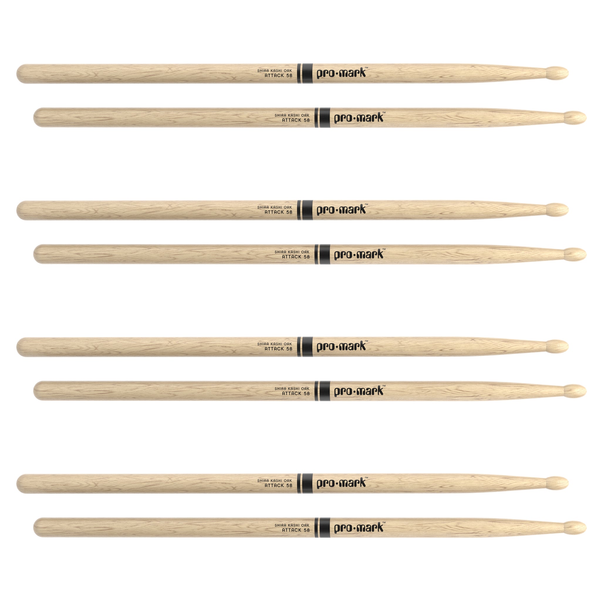 ProMark Classic Attack 5B Shira Kashi Oak Drumsticks, Oval Wood Tip, 4-Pack
