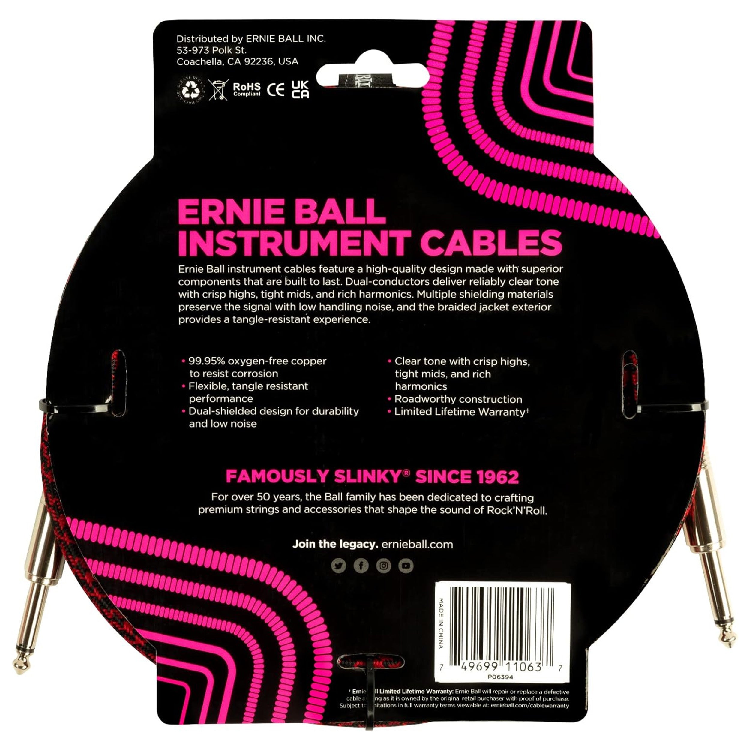 Ernie Ball Braided Instrument Cable Straight/Straight 10ft - Red/Black