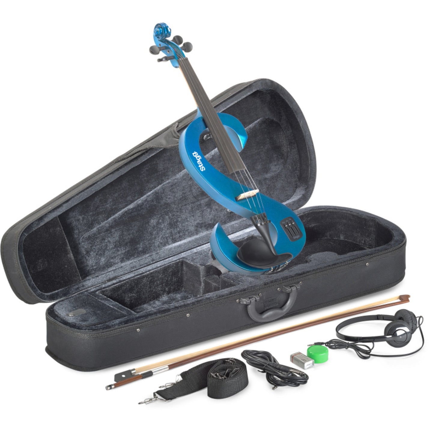 Stagg 4/4 Electric Violin Set With S-shaped Metallic Blue, Case & Headphones
