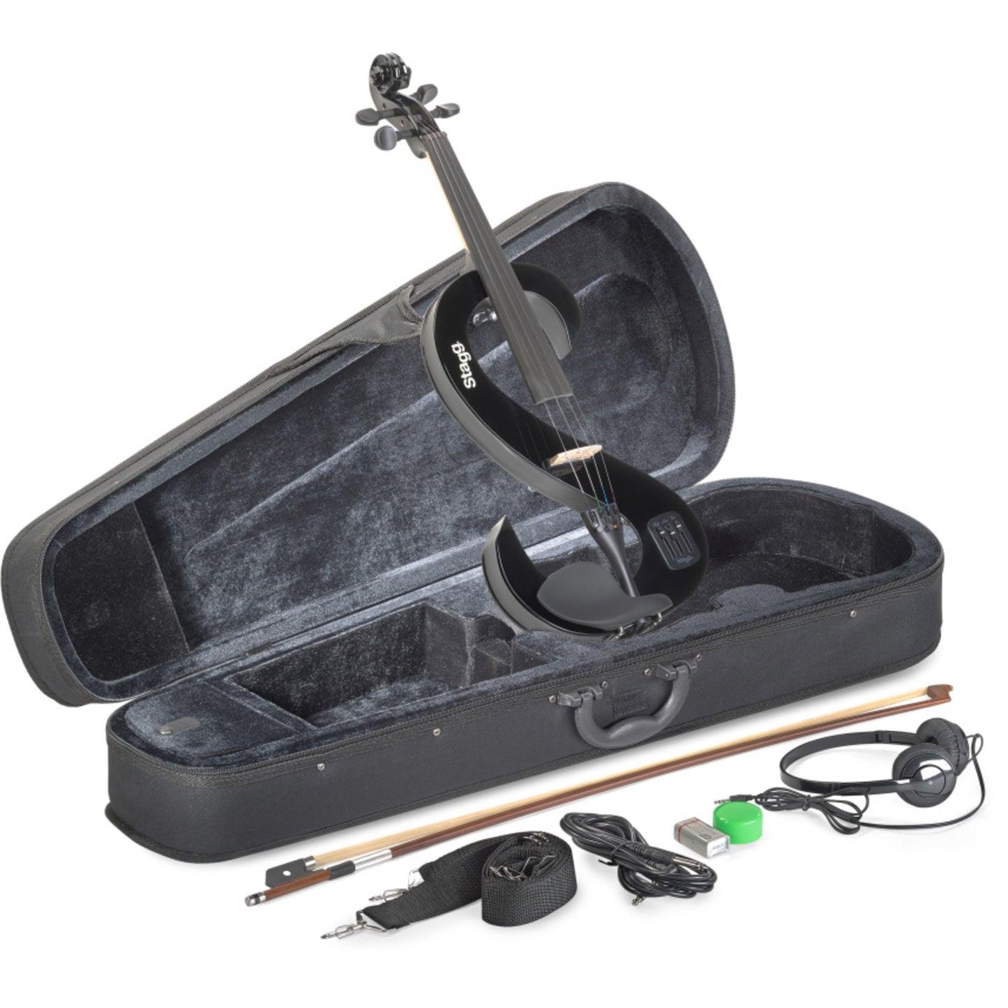 Stagg 4/4 Electric Violin Set With S-shaped Black, Case & Headphones