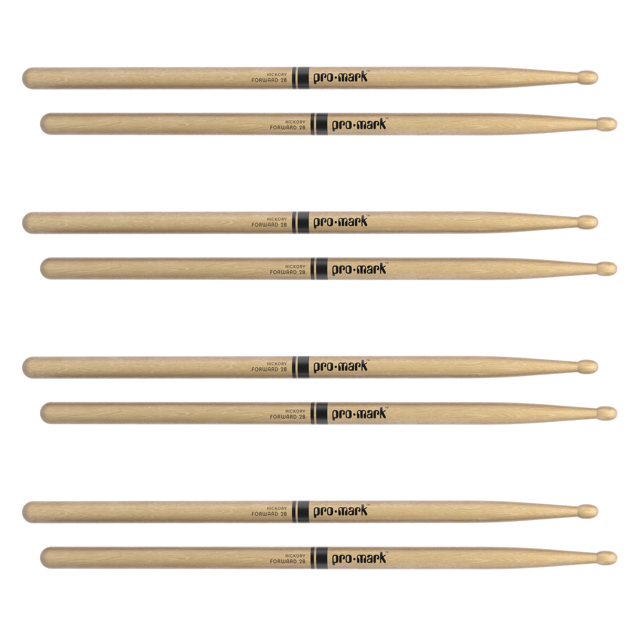 ProMark Classic Forward 2B Hickory Drumsticks, Oval Wood Tip, 4-Pack