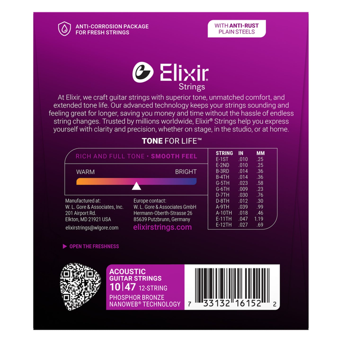 Elixir Phosphor Bronze 12-String Acoustic Guitar Strings NANOWEB Light (010-047)