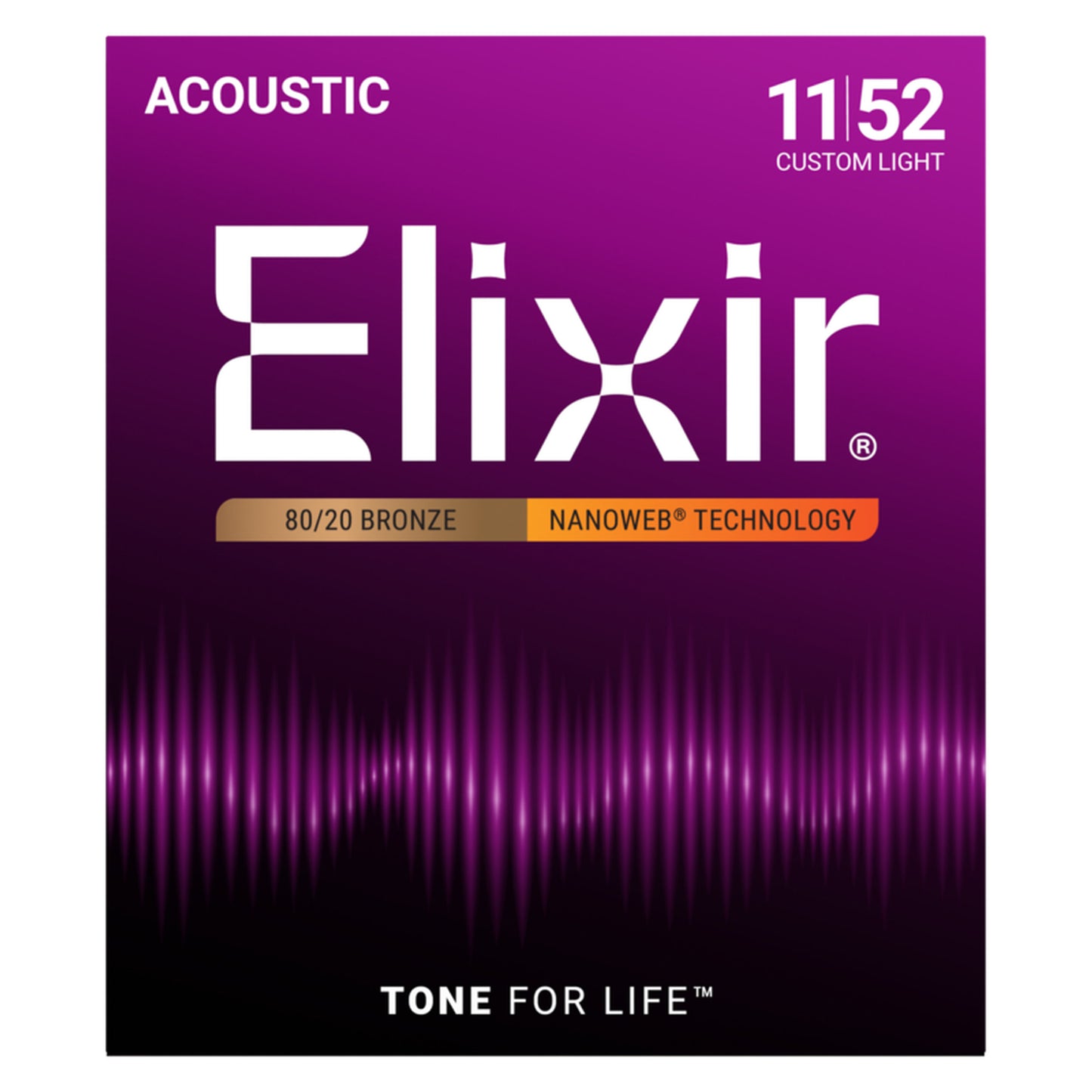 Elixir 80/20 Bronze Acoustic Guitar Strings, NANOWEB, Custom Light (.011-.052)