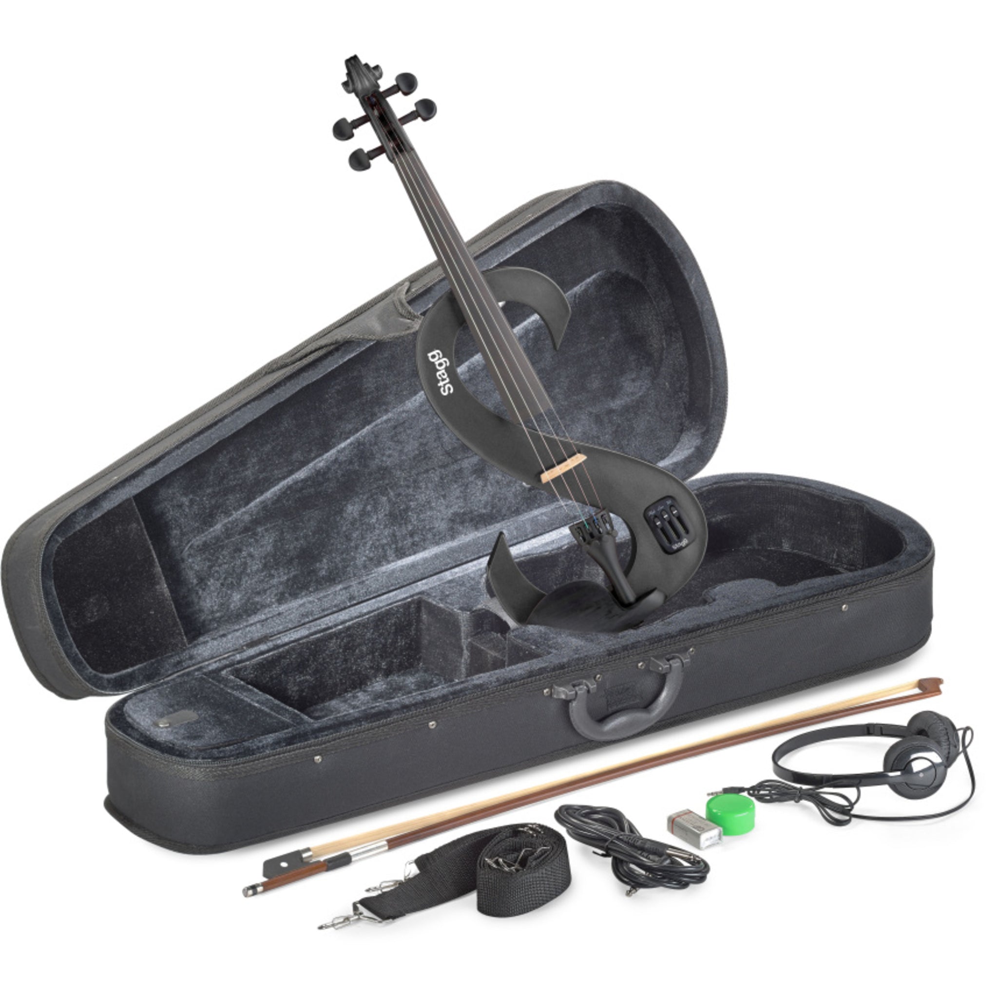 Stagg 4/4 Electric Violin Set With S-shaped Metallic Black, Case & Headphones