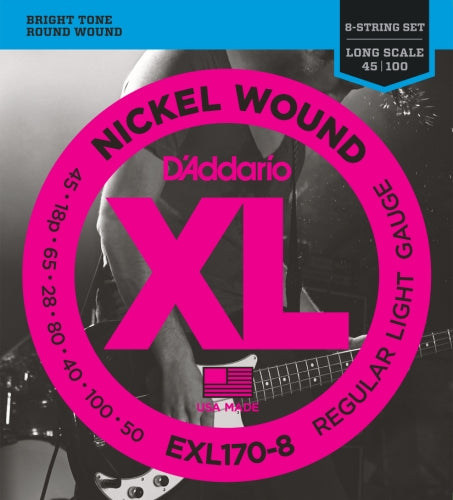 D'Addario EXL170-8 8-String Nickel Wound Bass Guitar Strings, Light, 45-100, Long Scale