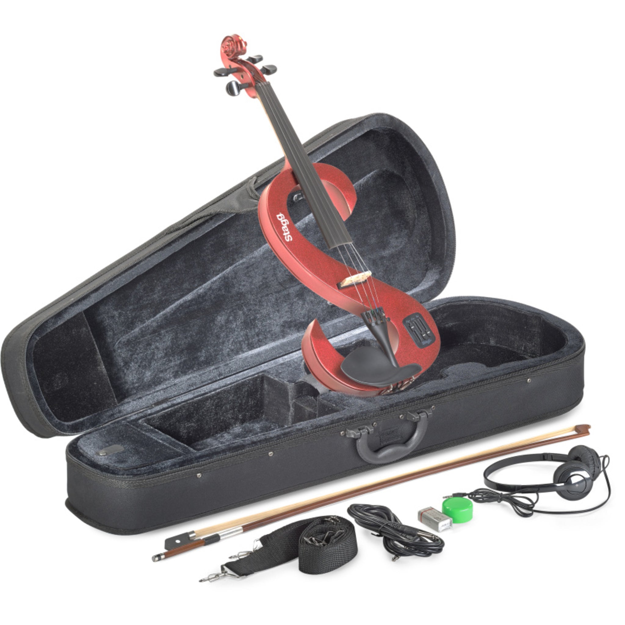 Stagg 4/4 Electric Violin Set With S-shaped Metallic Red, Case & Headphones