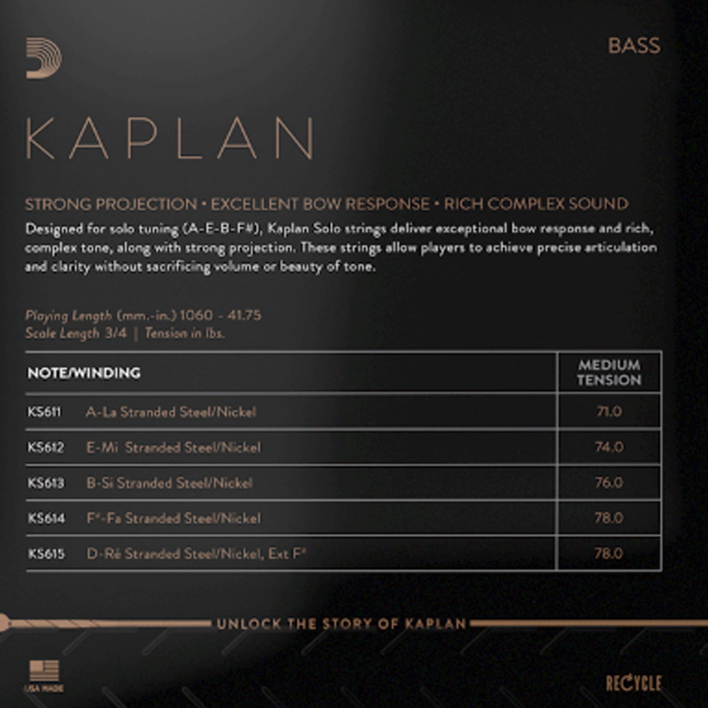 D'Addario Kaplan Solo Bass Single D String 3/4 Scale Medium Tension Bulk 10-Pack