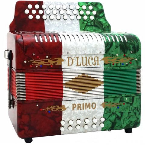 D'Luca Primo Button Accordion 31 Keys 12 Bass on FBE Key with Case and Straps, Red, White, Green