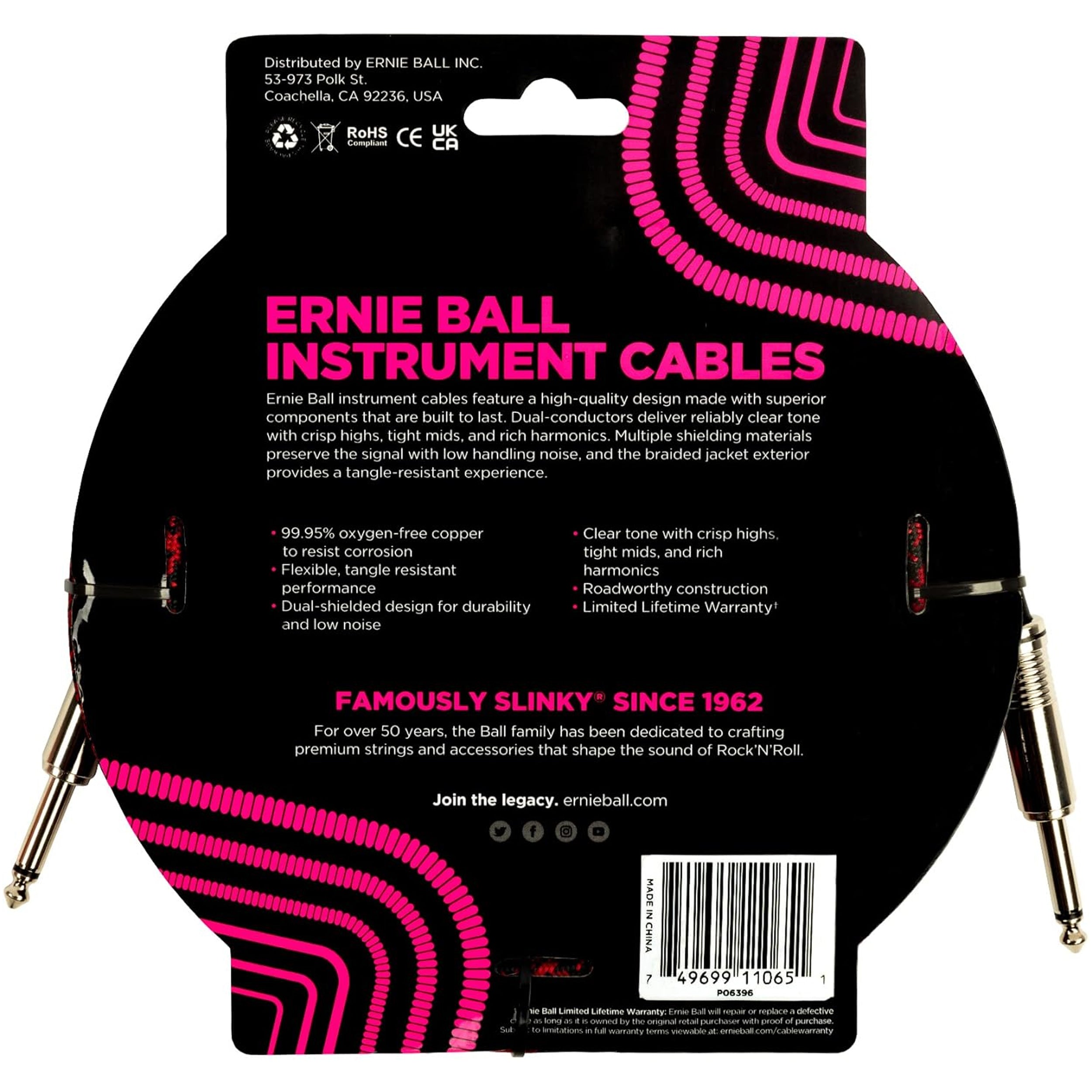 Ernie Ball Braided Instrument Cable Straight/Straight 18ft - Red/Black