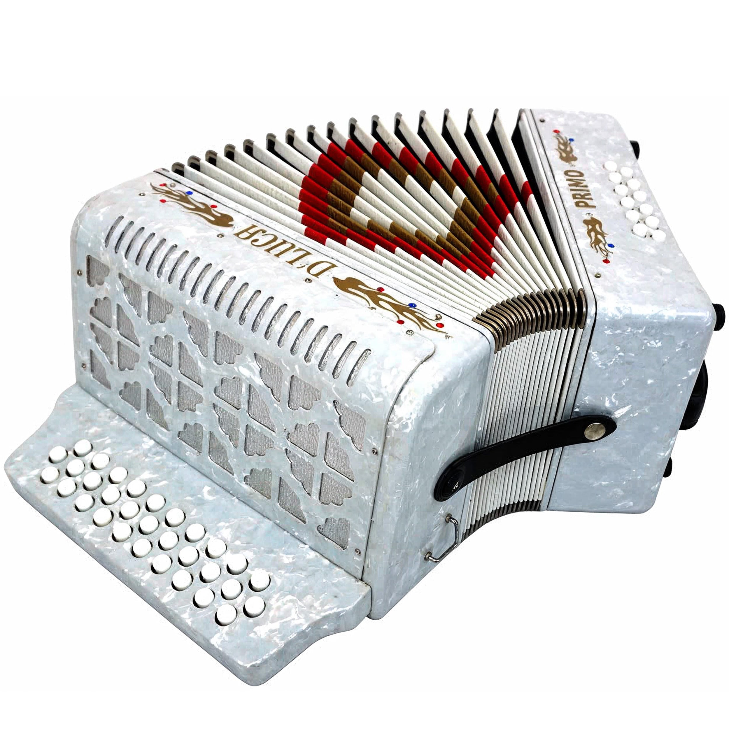 D'Luca Primo Button Accordion 31 Keys 12 Bass on FBE Key with Case and Straps, White