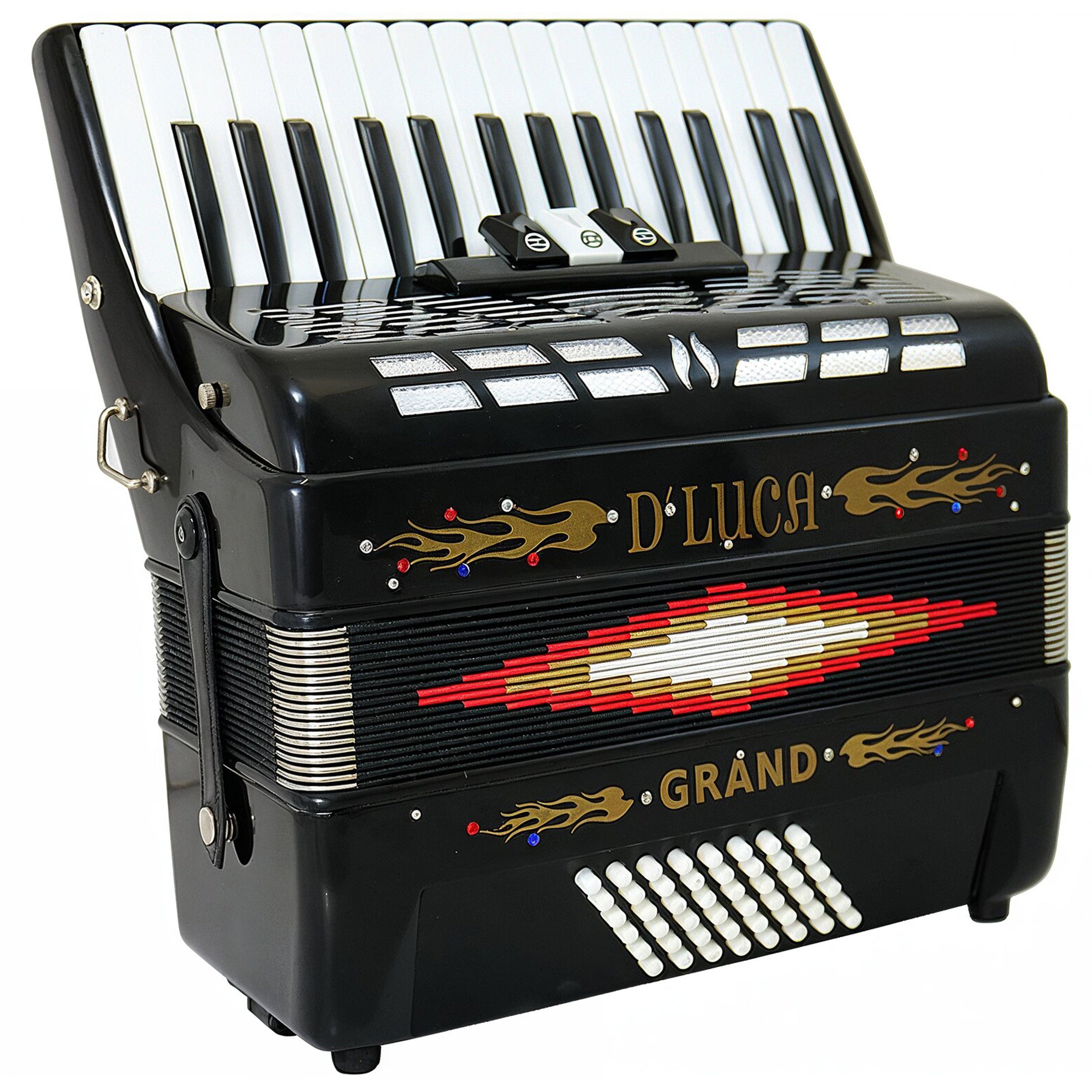 D'Luca Grand Piano Accordion 3 Switches 30 Keys 48 Bass with Case and Straps, Black