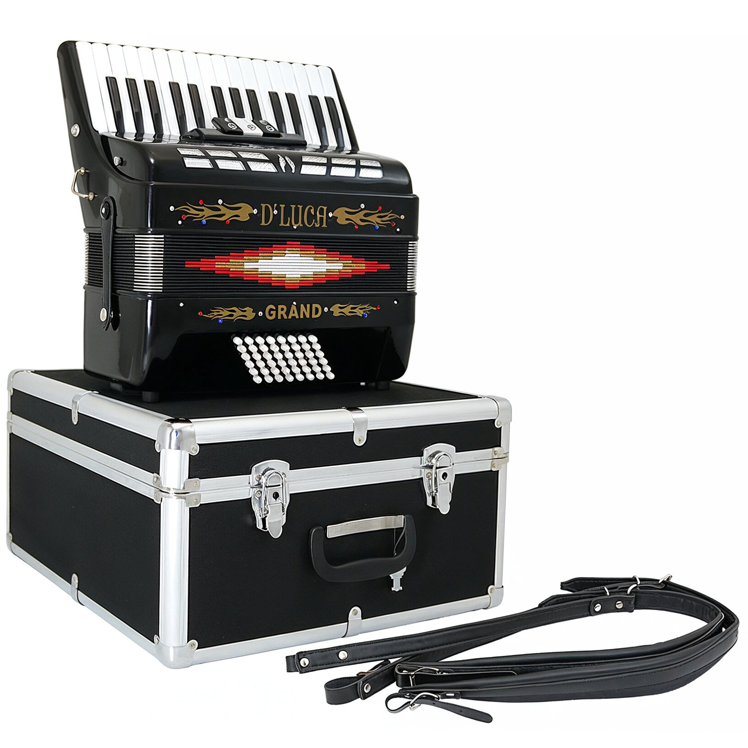 D'Luca Grand Piano Accordion 3 Switches 30 Keys 48 Bass with Case and Straps, Black