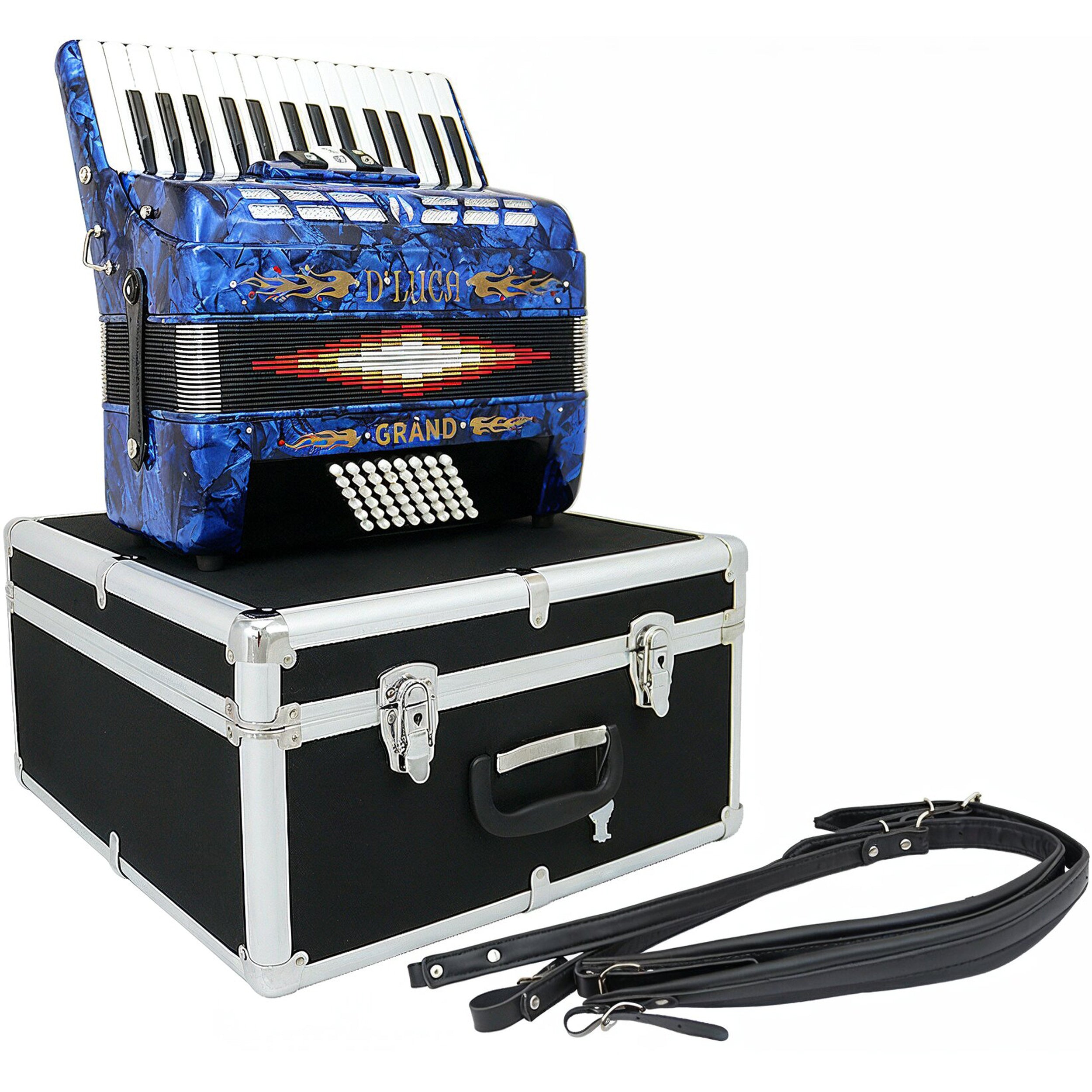 D'Luca Grand Piano Accordion 3 Switches 30 Keys 48 Bass with Case and Straps, Blue