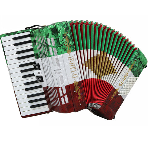 D'Luca Grand Piano Accordion 3 Switches 30 Keys 48 Bass with Case and Straps, Red, White, Green