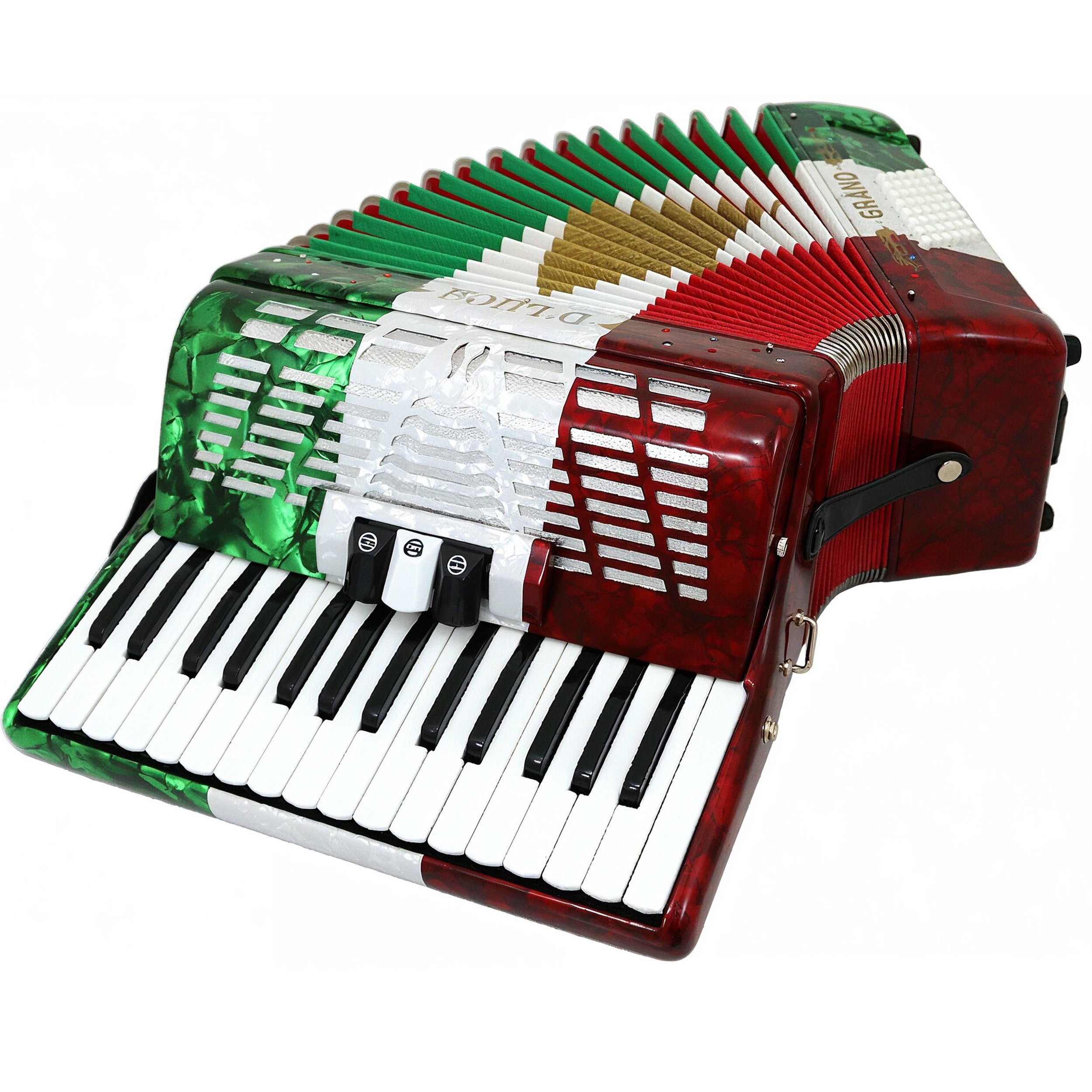 D'Luca Grand Piano Accordion 3 Switches 30 Keys 48 Bass with Case and Straps, Red, White, Green