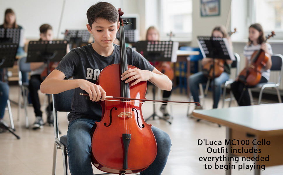 D'Luca Meister Student Cello Package 1/2 Size w/Stand, Bag, Tuner, Rosin & Bow