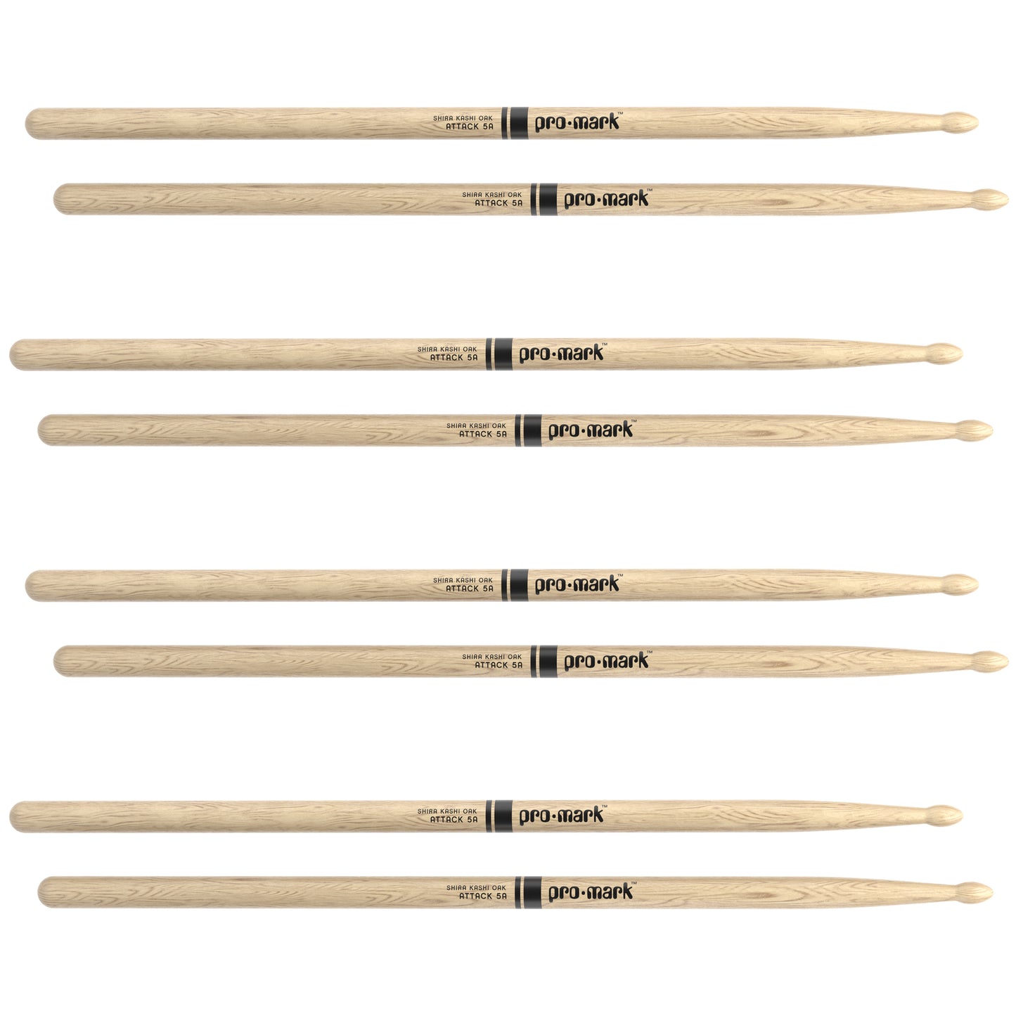 ProMark Classic Attack 5A Shira Kashi Oak Drumsticks, Oval Wood Tip, 4-Pack