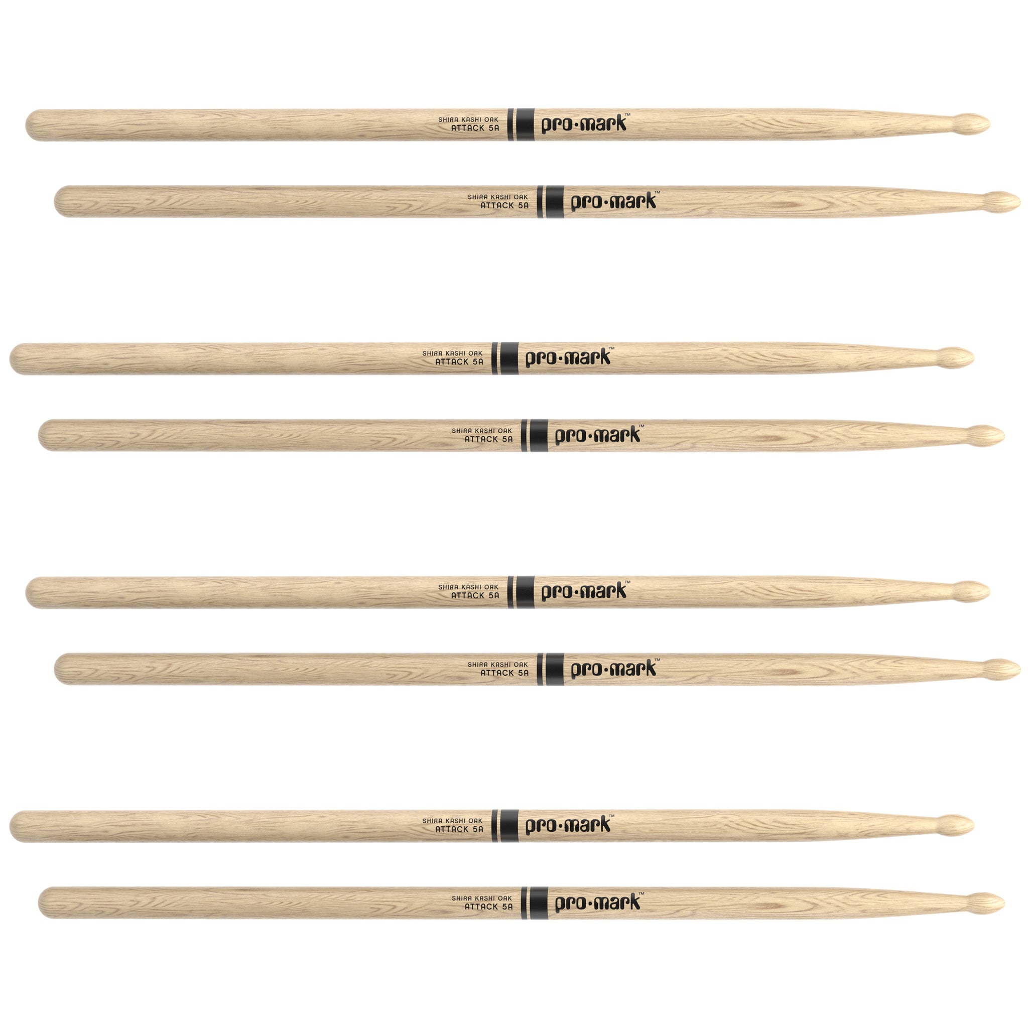 ProMark Classic Attack 5A Shira Kashi Oak Drumsticks, Oval Wood Tip, 4-Pack