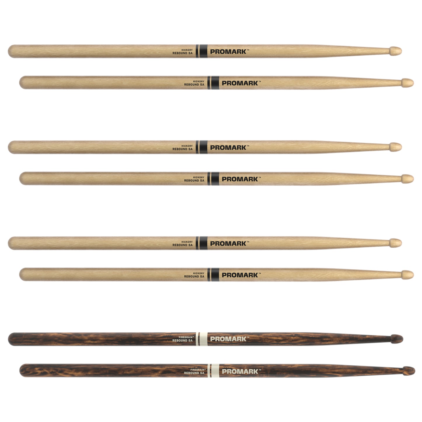 ProMark Rebound 5A Hickory Drumsticks, Acorn Wood Tip, FireGrain Bonus 4-Pack