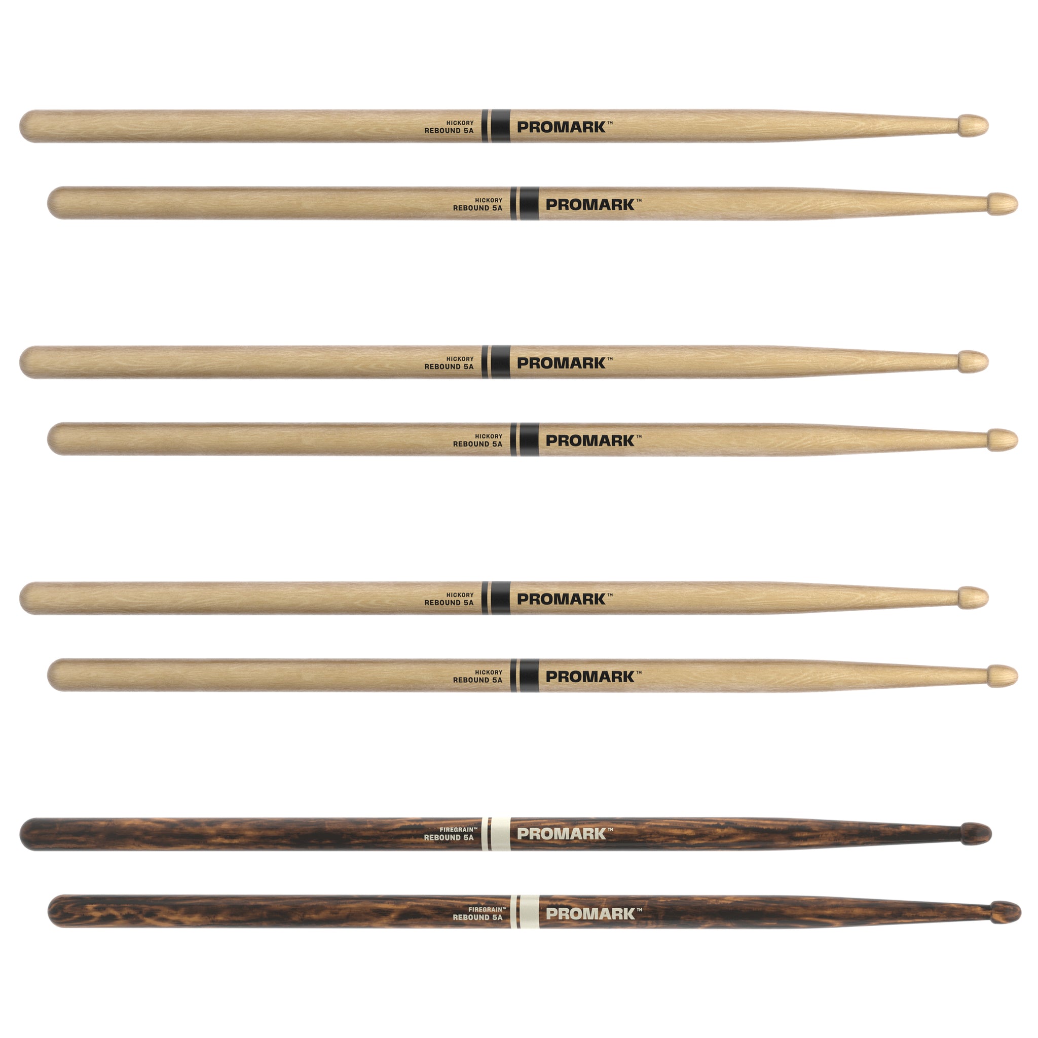 ProMark Rebound 5A Hickory Drumsticks, Acorn Wood Tip, FireGrain Bonus 4-Pack