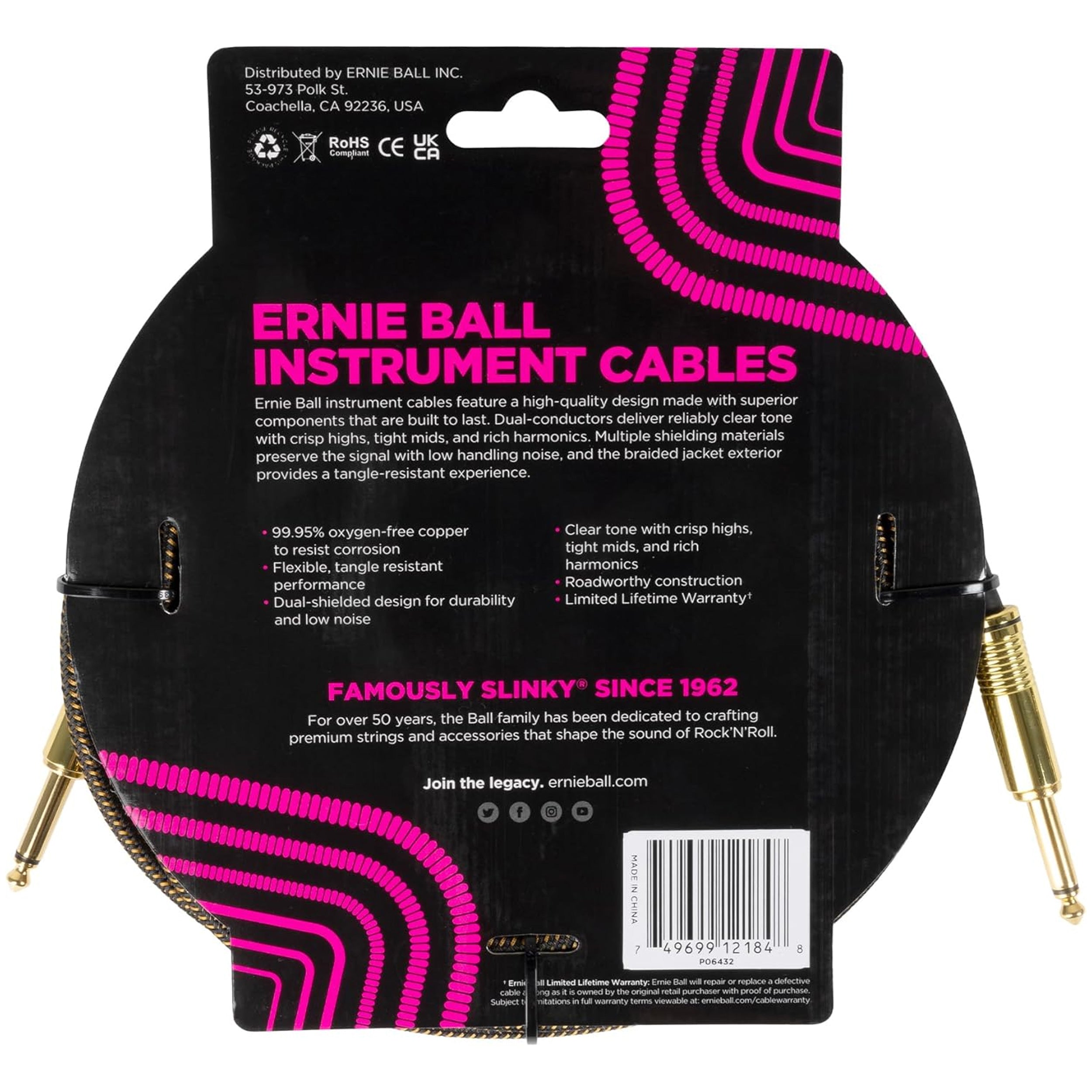 Ernie Ball Braided Instrument Cable Straight/Straight 18ft - Pay Dirt