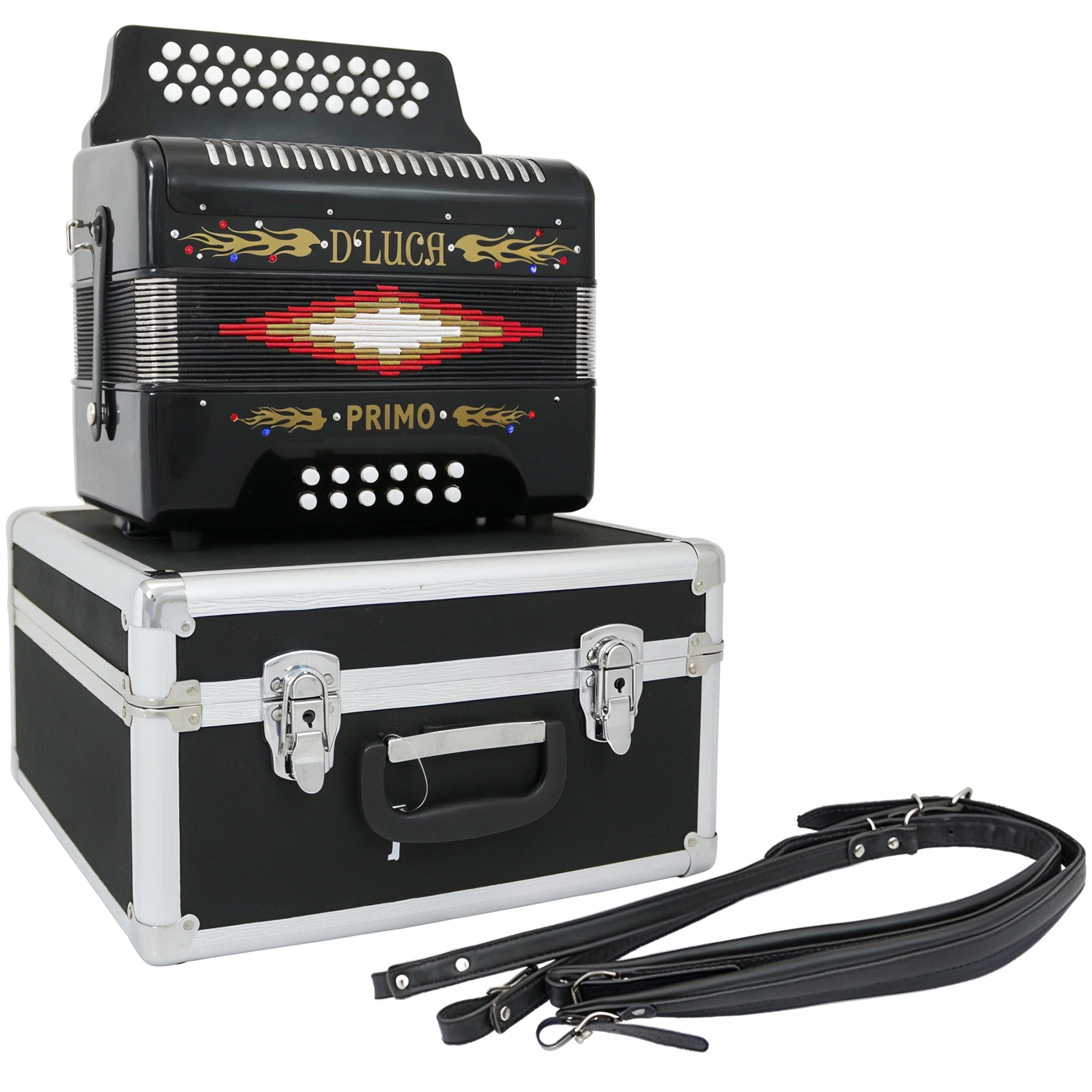 D'Luca Primo Button Accordion 31 Keys 12 Bass on GCF Key with Case and Straps, Black