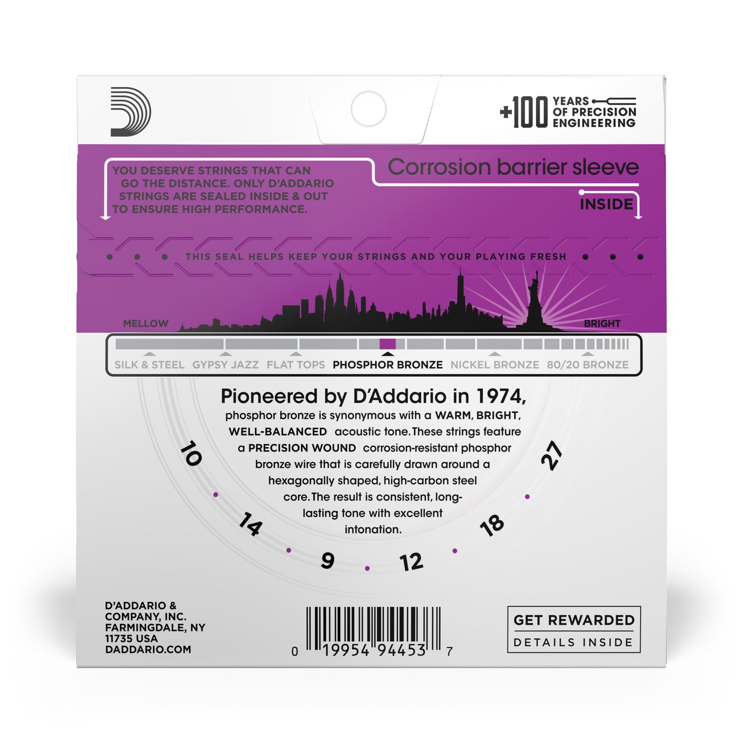 D'Addario EJ38H Phosphor Bronze Acoustic Guitar Strings, High Strung/Nashville Tuning, 10-27
