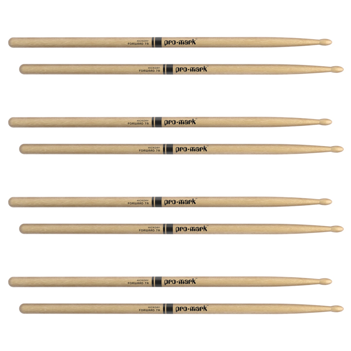ProMark Classic Forward 7A Hickory Drumsticks, Oval Wood Tip, 4-Pack