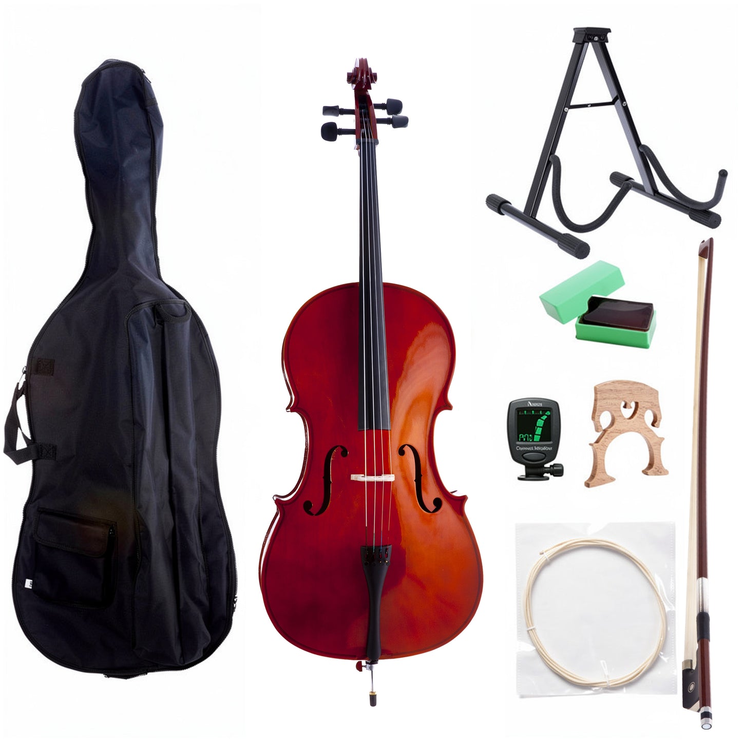 D'Luca Meister Student Cello Package 1/2 Size w/Stand, Bag, Tuner, Rosin & Bow
